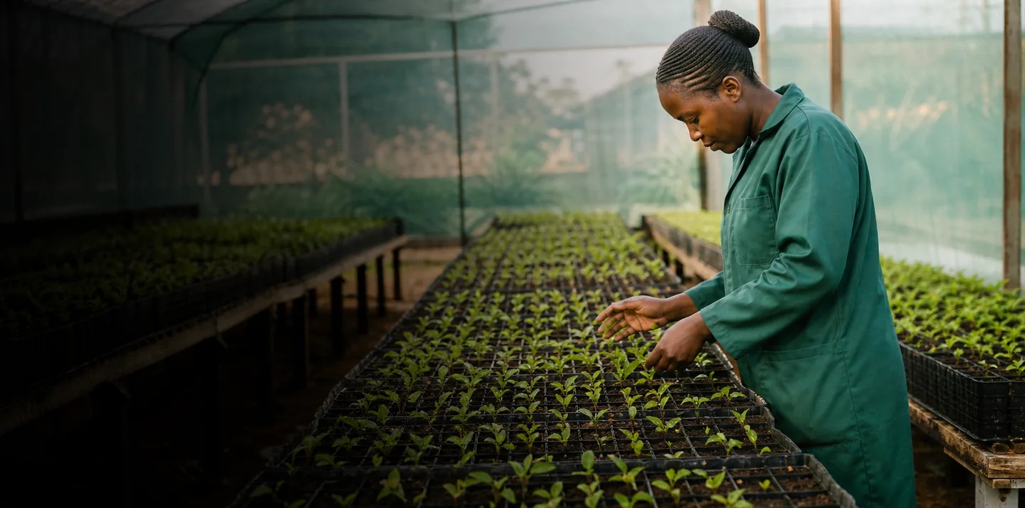 Representative image of a Kenyan nursery worker inspecting young seedlings